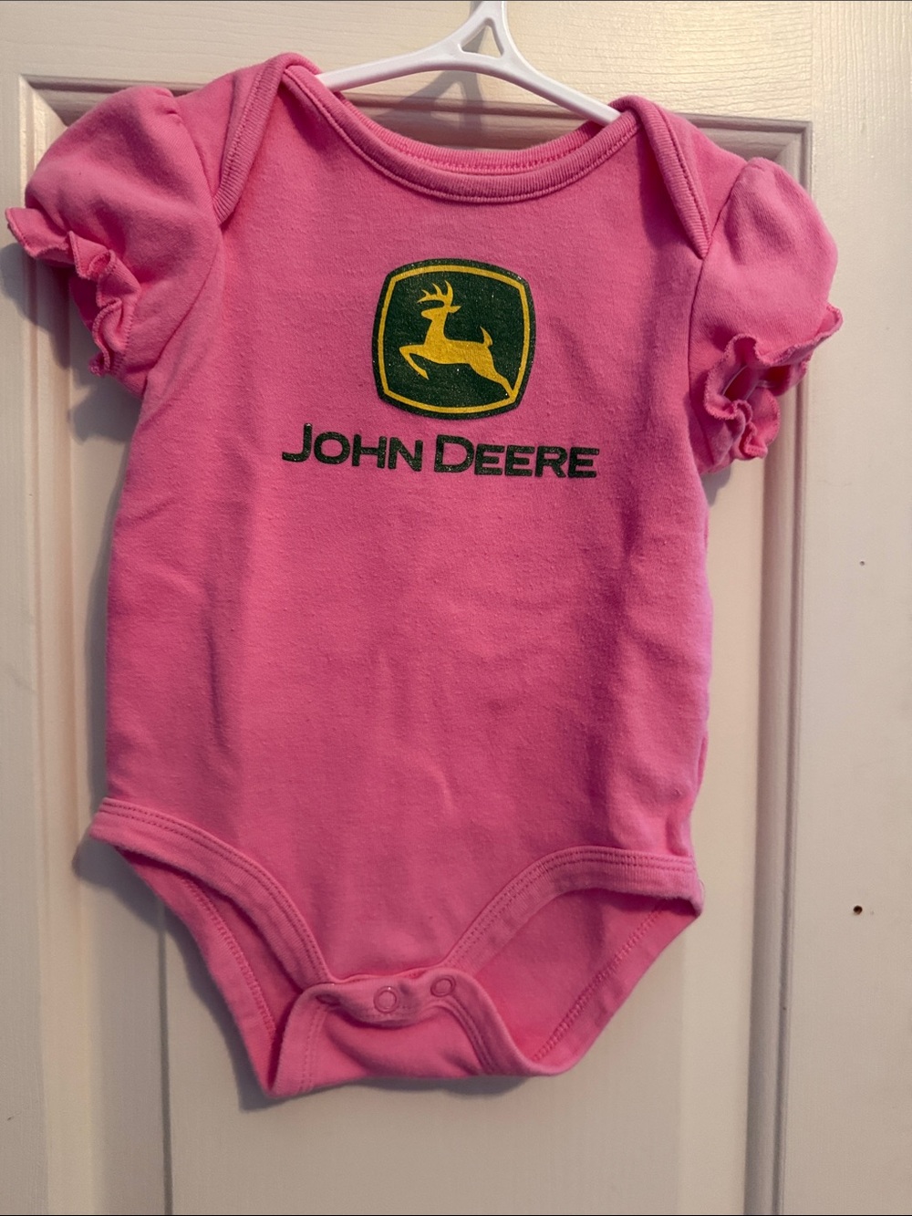 John Deere Pink Baby One-Piece Bodysuit with Green & Yellow Logo